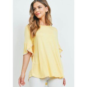 Yellow Top with Pompom Detailed Bell Sleeves